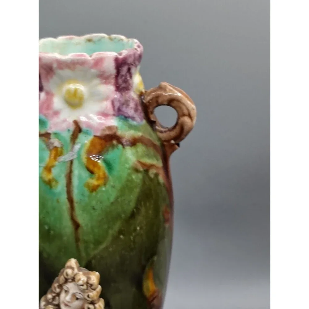 2-antique 1890's ~MAJOLICA old Victorian-era HAND-PAINTED vases. Ladies Arm Brok